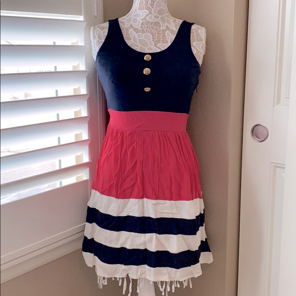 Pink, navy blue and white stripe dress